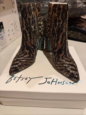 Betsey Johnson Black and Gold Crystal Leopard Ankle Boots
